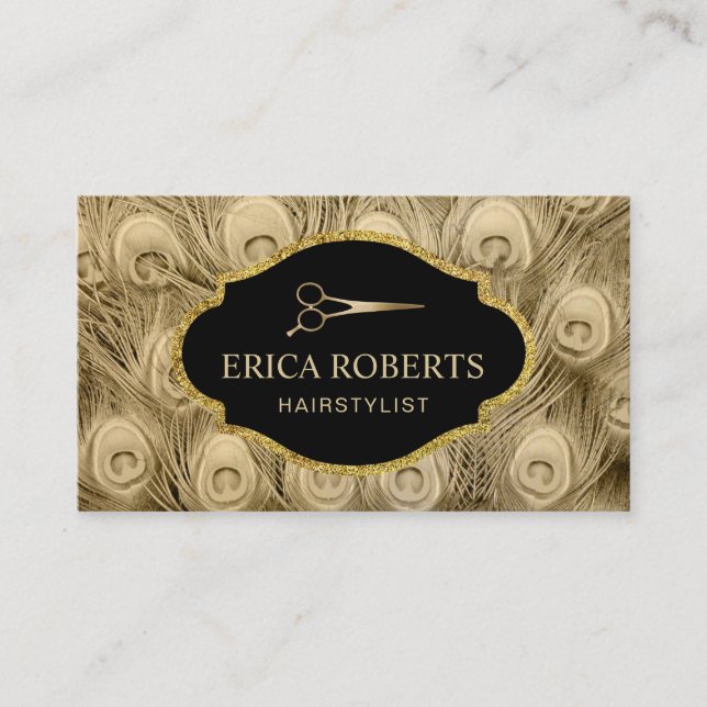 Hair Stylist Luxury Gold Peacock Feathers Salon Business Card (Front)
