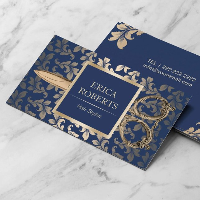 Hair Stylist Luxury Gold Scissor Elegant Navy Blue Business Card (Creator Uploaded)