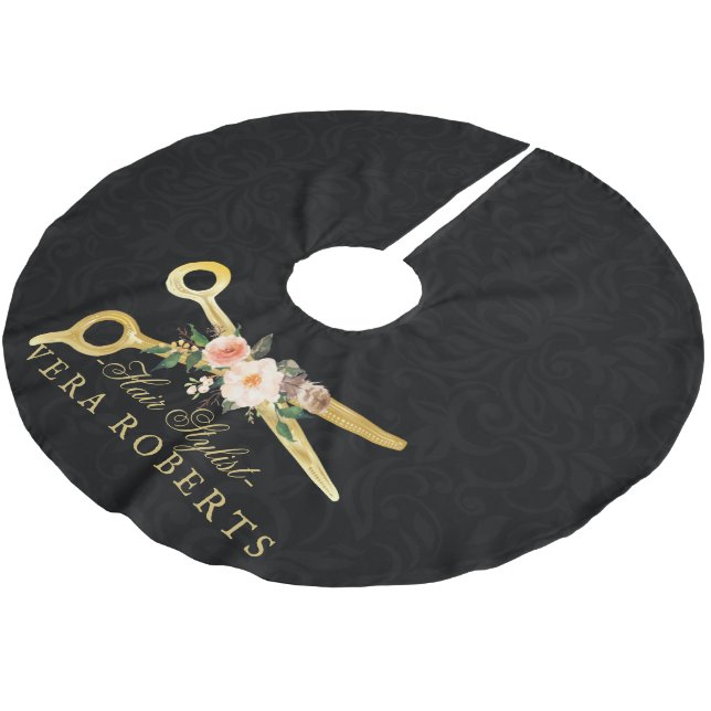 Hair Stylist Luxury Gold Scissors black Damask Brushed Polyester Tree Skirt (Angled)