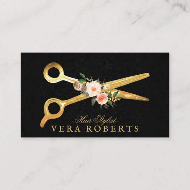 Hair Stylist Luxury Gold Scissors black Damask Business Card (Front)