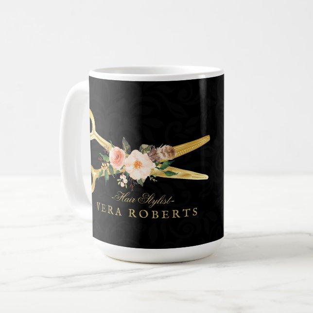 Hair Stylist Luxury Gold Scissors black Damask Coffee Mug (Front Left)