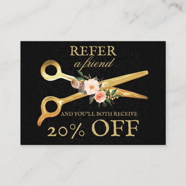 Hair Stylist Luxury Gold Scissors Damask Referral Card (Front)