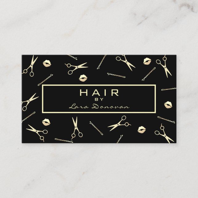 Hair Stylist Luxury Gold Scissors Pattern Business Card (Front)