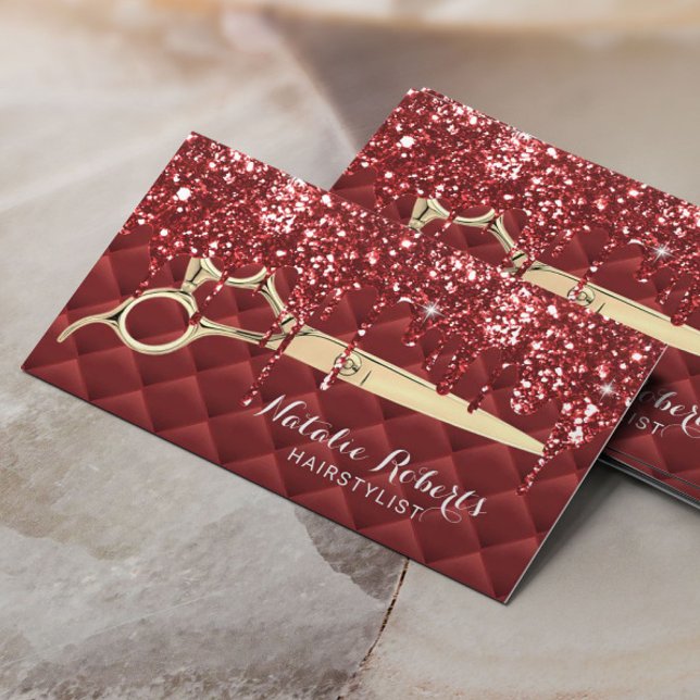 Hair Stylist Luxury Red Glitter Drips Beauty Salon Business Card (Creator Uploaded)