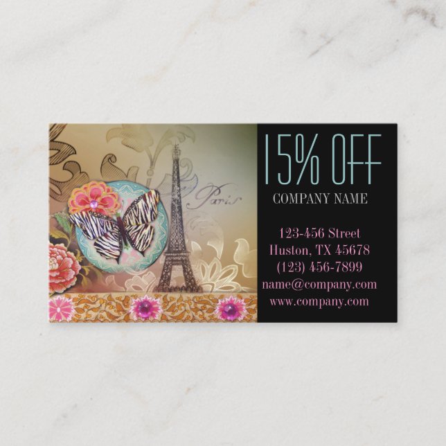 hair stylist makeup artist chic paris eiffel tower business card (Front)