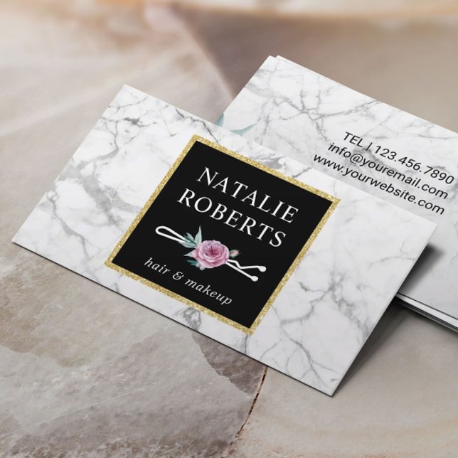 Hair Stylist Makeup Artist Flower Bobby Pin Marble Business Card (Creator Uploaded)