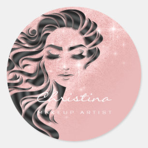 Hair Stylist Makeup Artist Glitter Eyelash Pink Classic Round Sticker