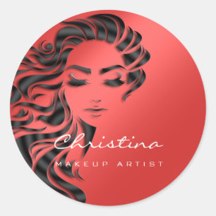 Hair Stylist Makeup Artist Glitter Eyelash Red Classic Round Sticker