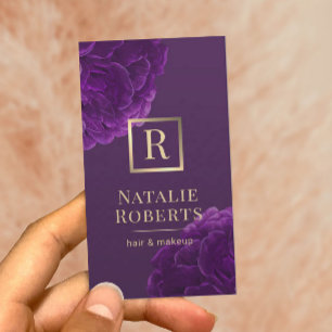 Hair Stylist Makeup Artist Purple Floral Gold Logo Business Card