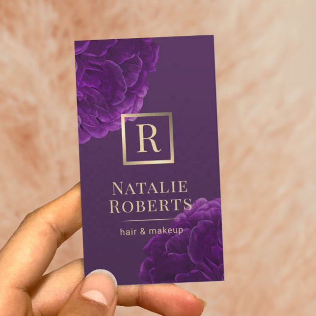 Hair Stylist Makeup Artist Purple Floral Gold Logo Business Card (Creator Uploaded)