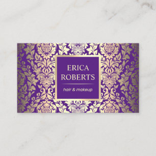 Hair Stylist Makeup Artist Purple & Gold Damask Business Card