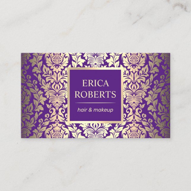 Hair Stylist Makeup Artist Purple & Gold Damask Business Card (Front)