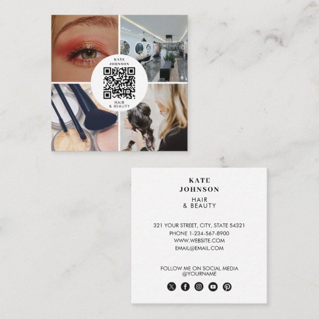 Hair Stylist Makeup Artist QR Social Media Icons Square Business Card (Front/Back)
