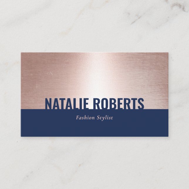 Hair Stylist Makeup Artist Rose Gold Navy Blue Business Card (Front)