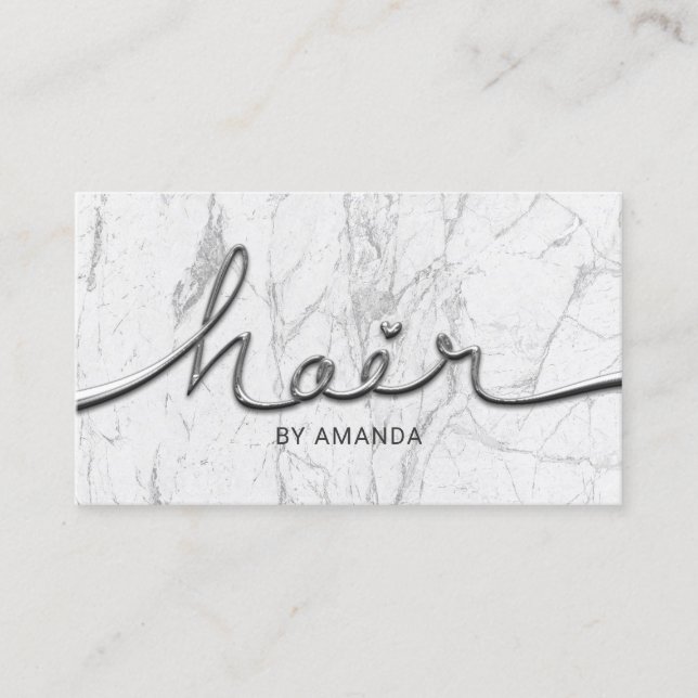 Hair Stylist Metal Script White Marble Hair Salon Business Card (Front)