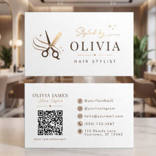 Hair Stylist Minimal White Scissors Editable Business Card