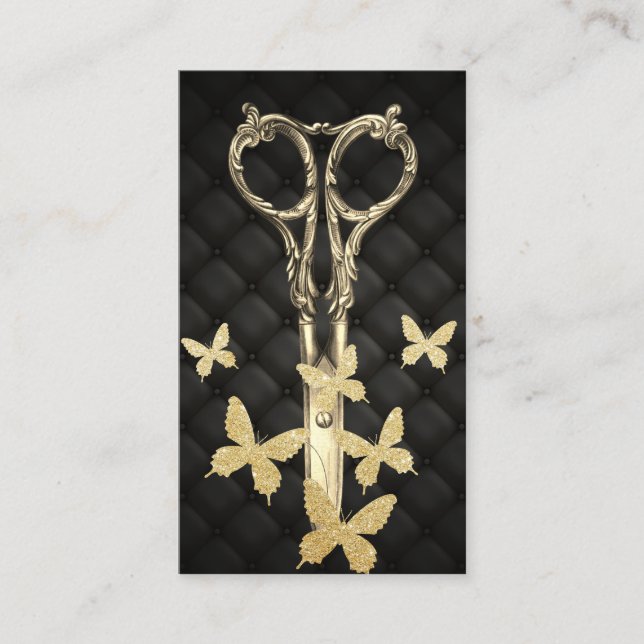 Hair Stylist Moden Gold Scissor & Butterflies  Business Card (Front)