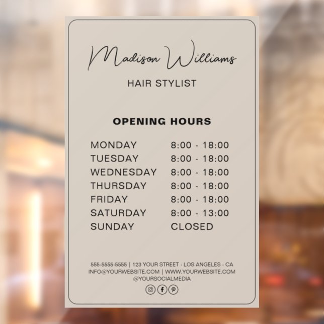 Hair Stylist Modern Beige Opening Hours Window Cling (Sheet 2)