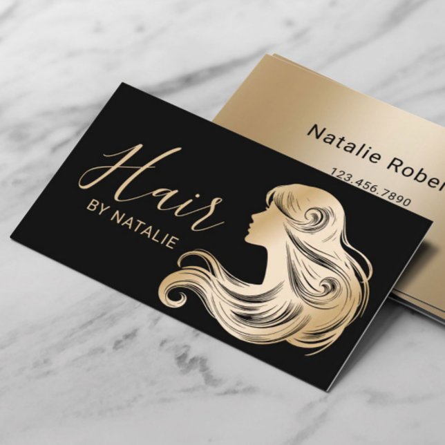 Hair Stylist Modern Black & Gold Beauty Salon Business Card (Creator Uploaded)