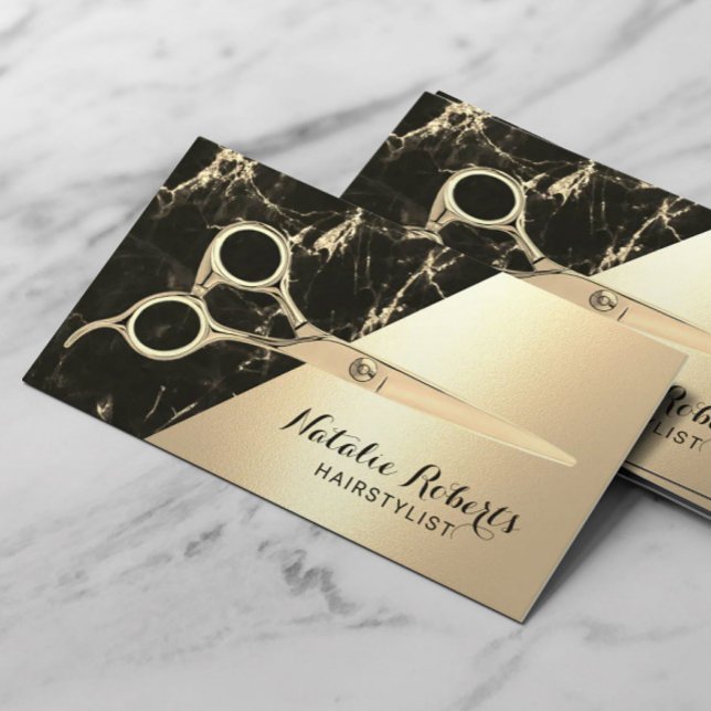 Hair Stylist Modern Black Gold Marble Beauty Salon Business Card (Creator Uploaded)