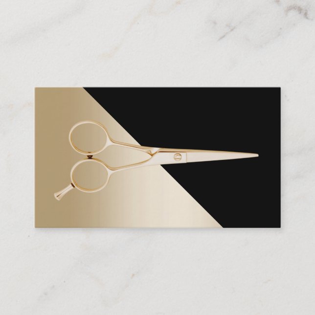 Hair Stylist Modern Black & Gold Scissor Business Card (Front)