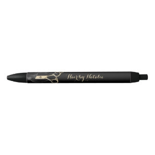Hair Stylist Modern Black & Gold Scissor Salon Black Ink Pen
