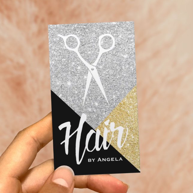 Hair Stylist Modern Black Gold & Silver Glitter Business Card (Creator Uploaded)