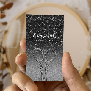 Hair Stylist Modern Black & Silver Glitter Salon Business Card