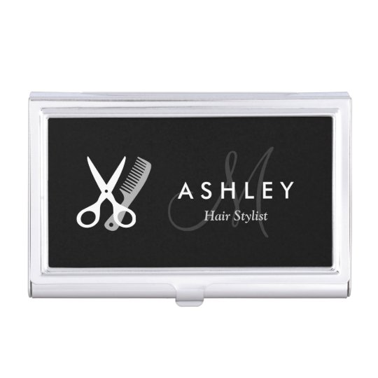 Hair Stylist Modern Black White Scissors Monogram Business Card