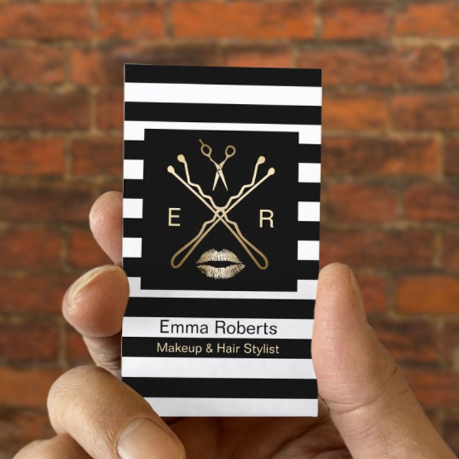 Hair Stylist Modern Black & White Stripes Salon Business Card (Creator Uploaded)