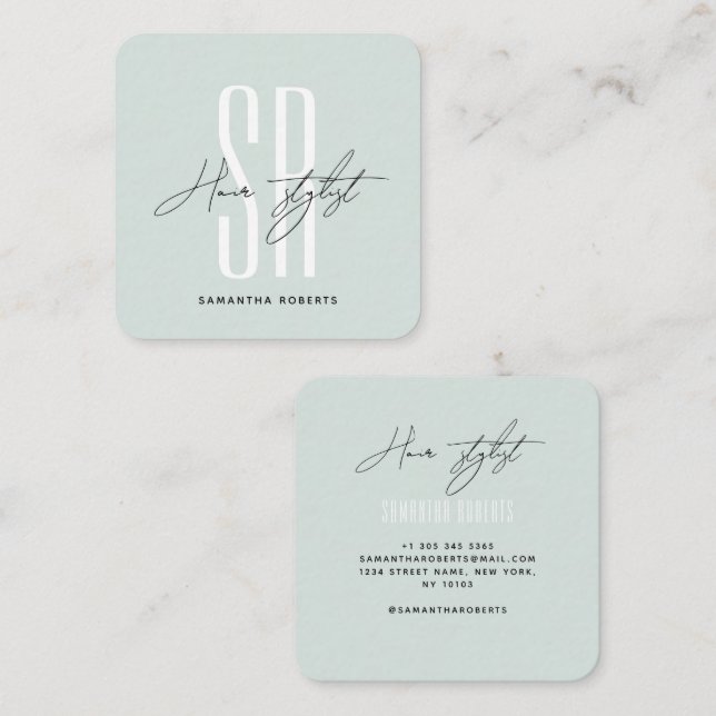 Hair stylist modern blue monogram initials square business card (Front/Back)