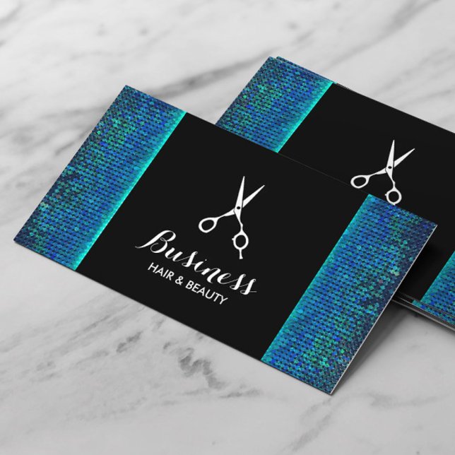 Hair Stylist Modern Blue Teal Sequins Salon Business Card (Creator Uploaded)