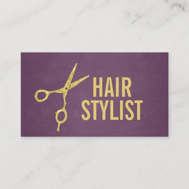 Hair Stylist Modern Bold Purple & Gold Business Card (Front)
