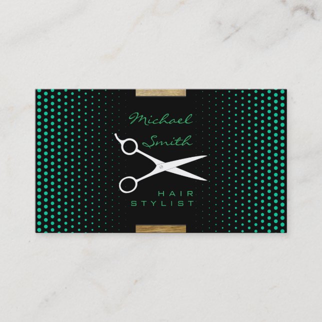 Hair Stylist Modern Caribbean Green Polka Dot Business Card (Front)
