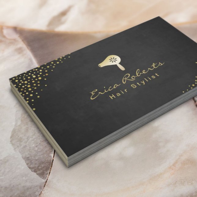 Hair Stylist Modern Confetti Dots Gold Blow Dryer Business Card (Creator Uploaded)