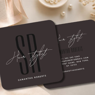 Hair stylist modern dark brown monogram initials square business card