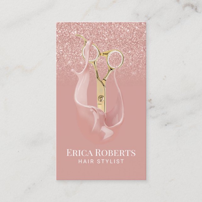 Hair Stylist Modern Glitter Rose Gold Splash Salon Business Card (Front)