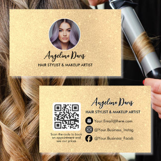 Hair Stylist Modern Gold Beauty salon photo qr Business Card