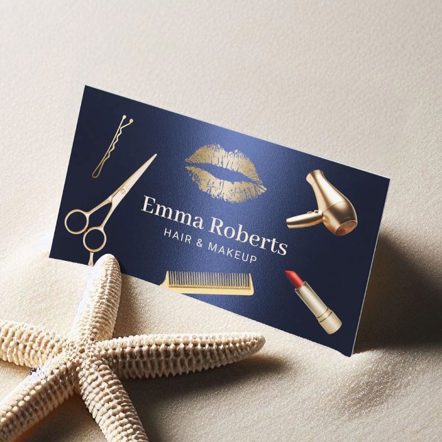 Hair Stylist Modern Gold & Navy Blue Beauty Salon Business Card (Creator Uploaded)