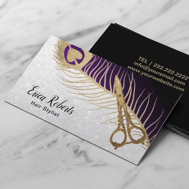Hair Stylist Modern Gold Scissor & Peacock Feather Business Card (Creator Uploaded)