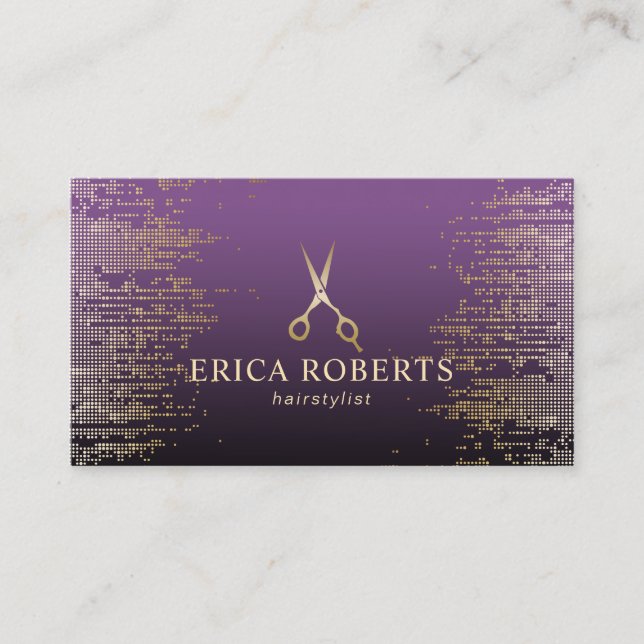 Hair Stylist Modern Gold Sequins Purple Salon Business Card (Front)