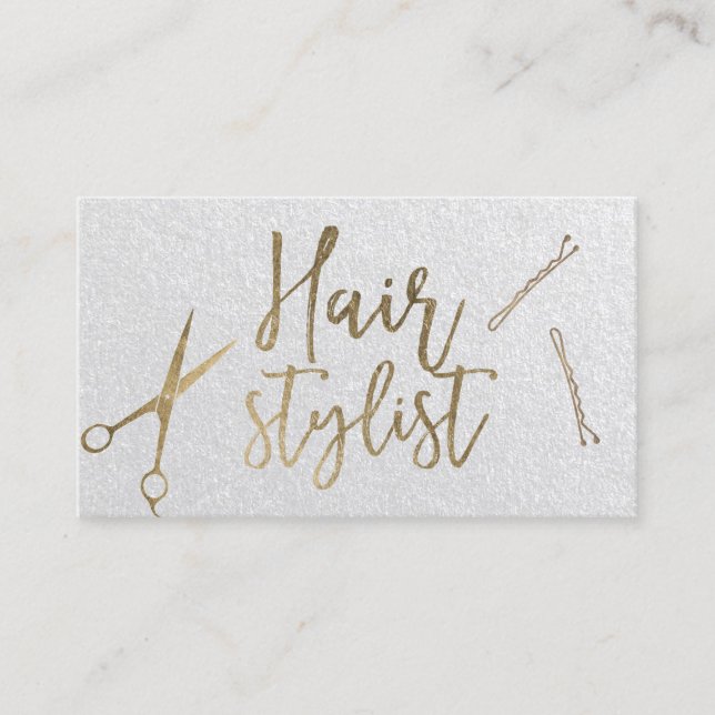 Hair Stylist Modern Gold Typography Classy SIlver Business Card (Front)
