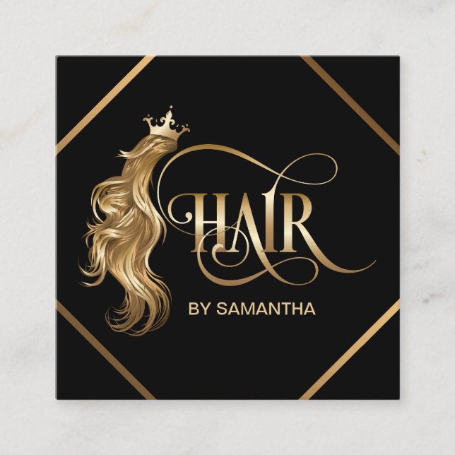 Hair stylist modern gold typography hair extension square business card (Front)