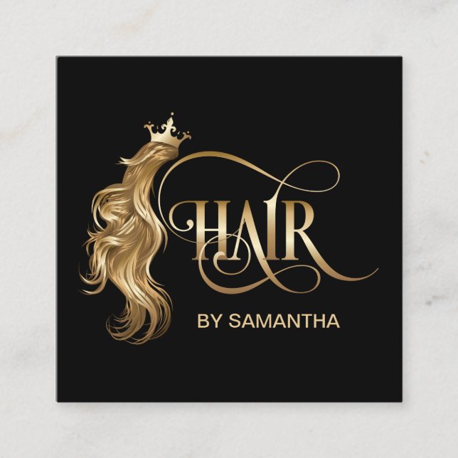 Hair stylist modern gold typography hair extension square business card (Front)