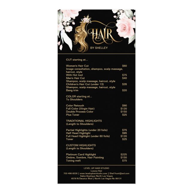 Hair stylist modern gold typography price list rack card (Front)