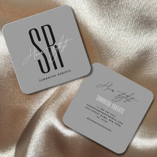 Hair stylist modern gray monogram initials square business card