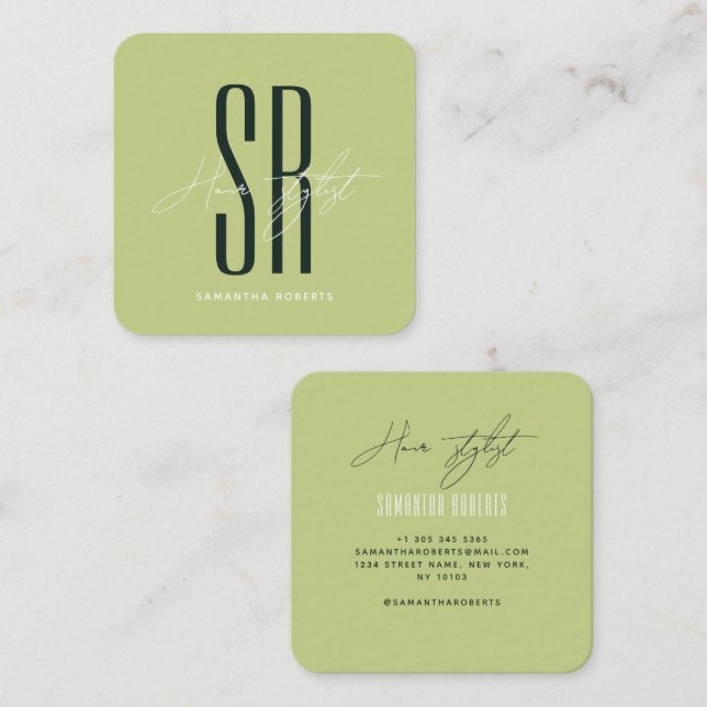 Hair stylist modern green monogram initials square business card (Front/Back)
