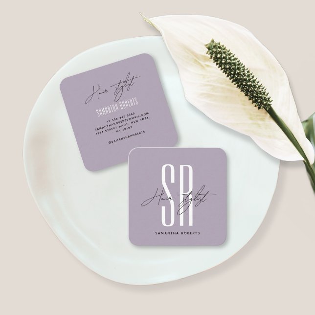 Hair stylist modern lavender monogram initials square business card (Creator Uploaded)