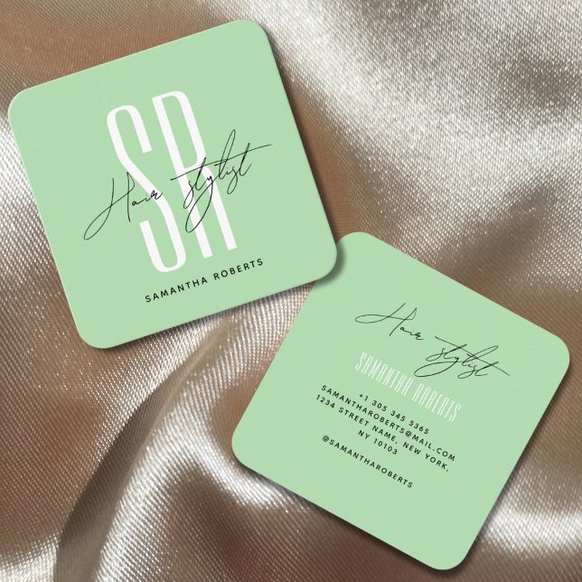 Hair stylist modern mint monogram initials square business card (Creator Uploaded)