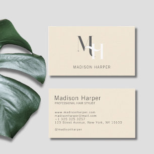 Hair stylist modern monogram initials beige business card